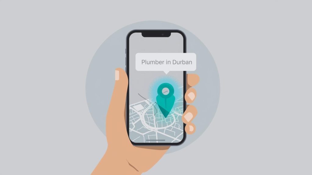 A clean and simple graphic illustration of a person using a phone. The phone screen shows a map of a generic South African city with a large, glowing pin on one location. From the pin, a line connects to a search bar at the top of the screen that reads 'Plumber in Durban'. The style is simple, using a clear color palette of blues and greens to feel helpful and easy to understand.