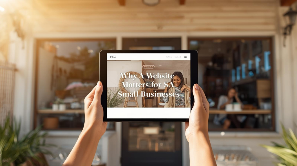 A warm, inviting photo of the front of a friendly South African small business, like a local craft store or coffee shop. In the foreground, a person's hands hold up a tablet showing a beautiful, professional website designed for that same shop. The focus is sharp on the tablet screen, with the physical shop softly blurred in the background. The scene is filled with natural, bright light